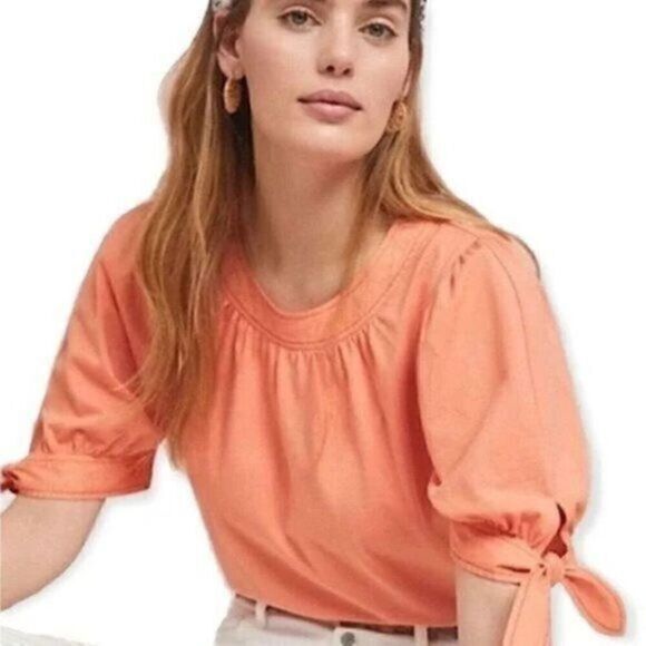 Anthropologie Short Sleeve Orange Puff Sleeve Blouse XS - Picture 1 of 12